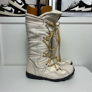 TMA eyes snake embossed Cream Lace-Up Knee-High Boots